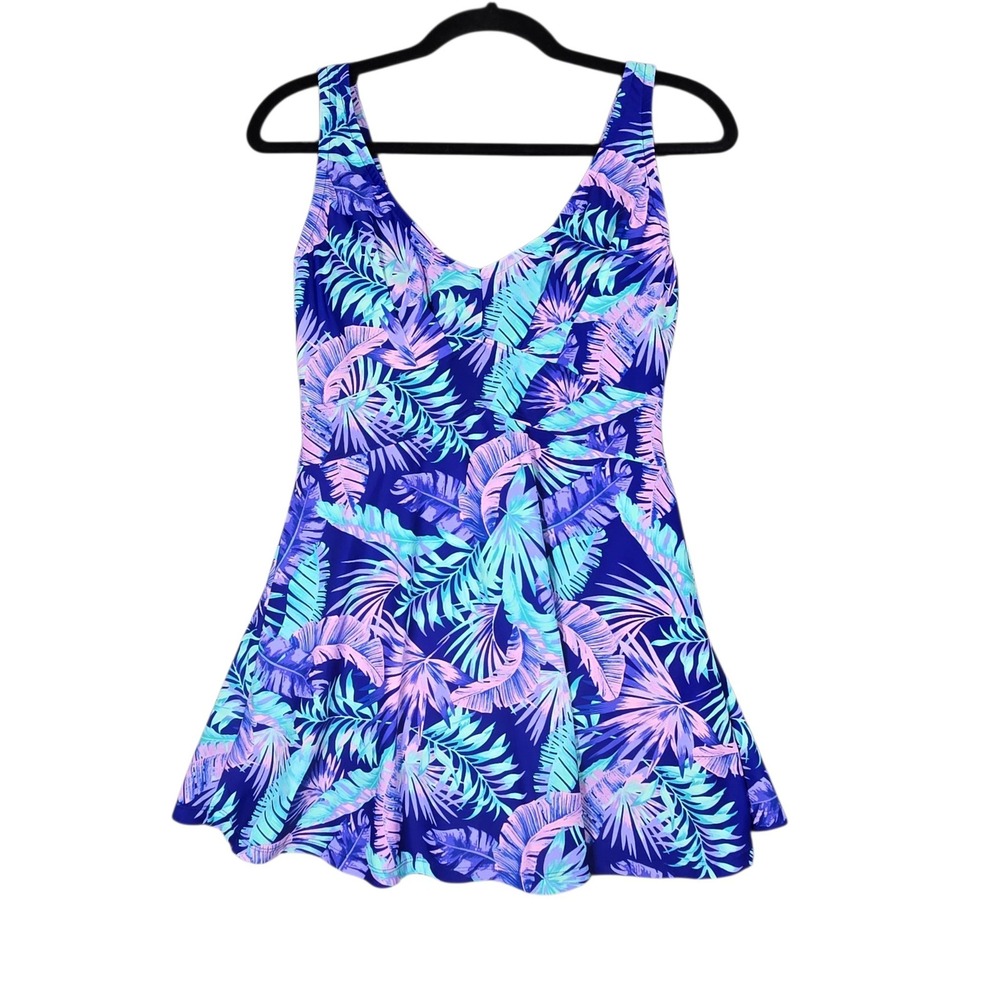 Your Best Look Swim Dress Women 8 Blue Pink Tropical Palm Print Floral V-Neck